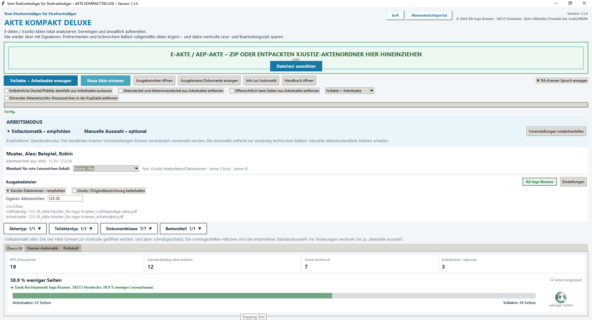 Das echte Programm · Version 1.3.4 – Originalaufnahme mit künstlicher Musterakte